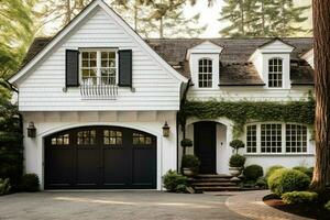 ein Weiß Haus mit ein groß Vorderseite Tür und ein Garage foto