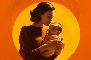 ein Frau halten ein Baby im Vorderseite von ein Orange zurück foto