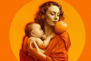 ein Frau halten ein Baby im Vorderseite von ein Orange zurück foto