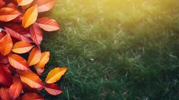 ein schließen oben Foto von rötlich Herbst Blätter auf Licht Grün Gras Hintergrund, oben Aussicht mit leer Raum zum Text, im das Stil von beschwingt und lebhaft Farbtöne, beschwingt Bühne Hintergründe, ai generiert.