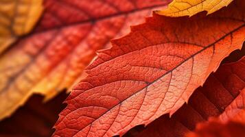 ein schließen oben Foto von ein rötlich Herbst Blatt, im das Stil von beschwingt und lebhaft Farbtöne, beschwingt Bühne Hintergründe, Nordwest Schule, Gold und Purpur, ai generiert.