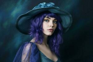 ein Frau mit ein Blau Haar und ein lila Hut foto
