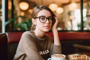 ein Frau tragen Brille mit das Wort panera auf t foto