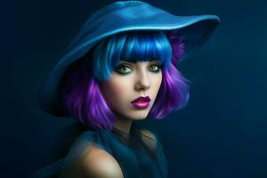 ein Frau mit ein Blau Haar und ein lila Hut foto