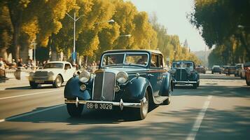 klassisch Auto Parade im Bewegung, präsentieren dynamisch Linien und Erbe. Parade, Bewegung, Erbe, Jahrgang, klassisch Wagen. ai generiert. foto