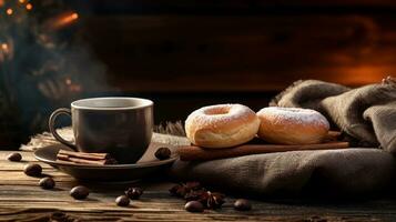 ein gemütlich Szene von Donuts platziert neben ein Tasse von Kaffee auf ein rustikal Tisch, Erstellen ein warm Atmosphäre und ein Stelle zum Text entlang das Rand. Morgen behandelt, gemütlich Szene, ai generiert. foto