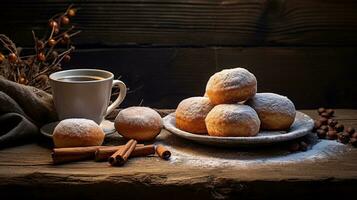 ein gemütlich Szene von Donuts platziert neben ein Tasse von Kaffee auf ein rustikal Tisch, Erstellen ein warm Atmosphäre und ein Stelle zum Text entlang das Rand. Morgen behandelt, gemütlich Szene, ai generiert. foto