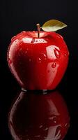 ein rot Apfel platziert in der Nähe von ein reflektierend Oberfläche, Erfassen es ist Betrachtung und Hinzufügen ein künstlerisch Twist zu das Bild. Apfel Betrachtung, rot Apfel, reflektierend Oberfläche, Vertikale, ai generiert. foto