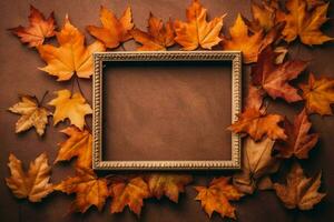 ein hölzern Rahmen mit Blätter auf es Das sagt Herbst foto