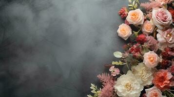 ein Strauß von Blumen mit texturiert Hintergrund und Raum zum Text. ai generiert. foto