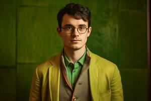 ein jung Mann tragen Brille zum Männer mit ein Grün foto