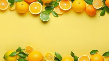 ein Zitrus-Thema Hintergrund mit Orangen, Zitronen, und Zitronen gegen ein sonnig Gelb texturiert Hintergrund, ai generiert foto