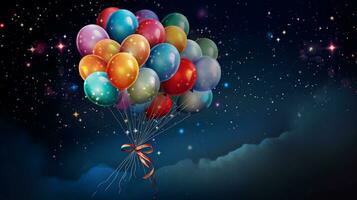 ein Komposition mit ein Strauß von mehrfarbig Luftballons gebunden mit elegant Bänder und einstellen gegen ein texturiert, sternenklar Nacht Hintergrund. ai generiert foto