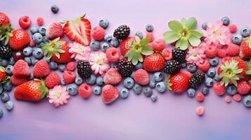ein Hintergrund geschmückt mit saftig Beeren mögen Erdbeeren, Blaubeeren, und Himbeeren auf ein leise texturiert Rosa Hintergrund, ai generiert foto