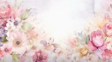 ein isoliert Hintergrund mit ein Medley von Aquarell Blumen, einschließlich Rosen, Gänseblümchen, und Tulpen, einstellen gegen ein leise texturiert Aquarell Hintergrund. ai generiert foto