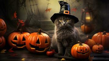 ein komisch Halloween Katze gekleidet wie ein Hexe mit ein spitz Hut, umgeben durch texturiert Orange und schwarz Kürbisse. ai generiert foto