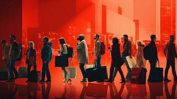 ein schwarz Freitag Illustration mit ein Menge von Käufer und Einkaufen Taschen gegen ein texturiert rot Hintergrund. ai generiert foto