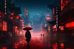 asiatisch Stadt Nacht Cyberpunk foto