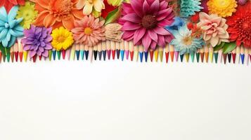 ein Bild mit Farbe Bleistifte künstlerisch vereinbart worden unter verschiedene Typen von Blumen mit Raum zum Text im Licht braun hölzern Hintergrund. ai generiert foto