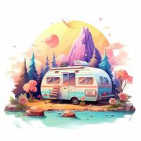 Illustration von Camping, Pastell- tetradisch Farben, süß und schrullig, Fantasie Kunst, Aquarell Wirkung, Weiß Hintergrund. ai generiert foto