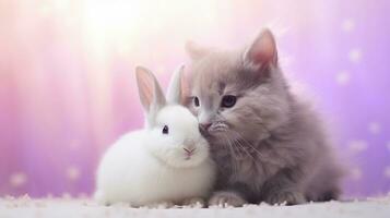 ein herzerwärmend Szene von ein Hase und ein Katze zusammen mit Raum zum Text, Seite durch Seite, gegen ein Sanft Pastell- Hintergrund, Verlassen ein vorgesehen Bereich zum Text zu feiern ihr Freundschaft. ai generiert foto