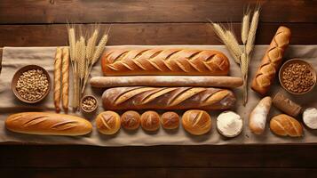 ein Collage-Stil Bild mit ein Sortiment von Brot Typen, von Baguettes zu ganze Körner, gegen ein texturiert, hölzern Tisch. ai generiert foto