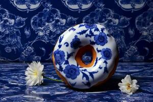 Blau delft Blumen- drucken Krapfen Glasur Essen fotografieren foto