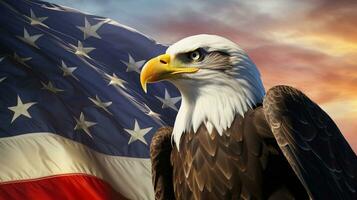ein Bild Erfassen ein kahl Adler im ein patriotisch Kontext, eine solche wie während ein Unabhängigkeit Tag Feier, mit vorgesehen Bereiche zum Text. Hintergrund Bild, ai generiert foto