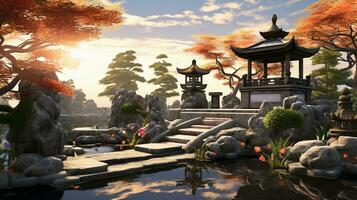 ein künstlerisch Komposition mit ein harmonisch japanischer Stil Garten mit ein Koi Teich, Stein Laternen, und Bonsai Bäume, zulassen Raum zum Text. Hintergrund Bild, ai generiert foto