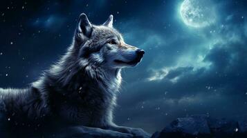 ein künstlerisch Darstellung von ein einsam Wolf unter ein Mondschein Himmel, mit texturiert Mond und Sterne im das Hintergrund, zulassen Raum zum Text, Hintergrund Bild, ai generiert foto