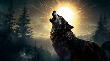 ein Bild Erfassen ein einsam Wolf im das Mitte von ein Spuk heulen, mit das Mond wie ein Hintergrund, Hintergrund Bild, ai generiert foto