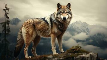 ein fesselnd Komposition präsentieren ein einsam Wolf durchqueren ein robust Wildnis Landschaft, Hintergrund Bild, ai generiert foto