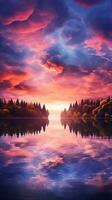 generieren ein hohe Auflösung Bild von ein heiter Sonnenuntergang Über ein Ruhe See mit beschwingt Farben, Vertikale Format, Hintergrund Bild, ai generiert foto