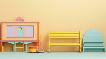 Kinder Spielplatz Möbel Anzeige mit Raum zum Text und Pastell- Hintergrund, Hintergrund Bild, ai generiert foto