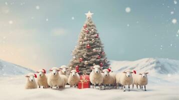 ein Gruppe von Schaf tragen festlich Santa Hüte und versammelt um ein Weihnachten Baum, mit Zimmer zum Text, Hintergrund Bild, generativ ai foto