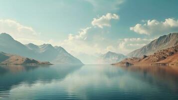 ein still See umgeben durch Berge und reflektiert im klar Wasser mit Raum zum Text, Hintergrund Bild, generativ ai foto