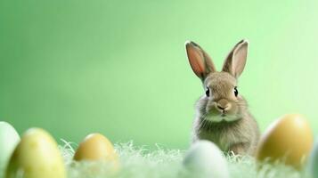 süß Ostern Hase auf ein Licht Grün Hintergrund mit Raum zum Text auf das Seite, Hintergrund Bild, generativ ai foto