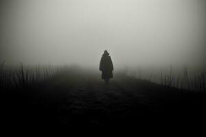 dunkel Silhouette Stehen im Nebel Gehen allein aus foto