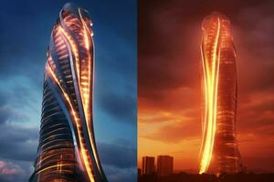 futuristisch Wolkenkratzer angetrieben durch natürlich Gas flam foto