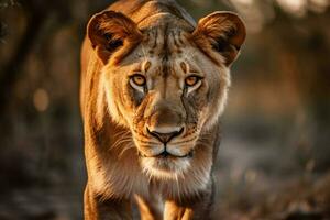 majestätisch Löwin starren beim Kamera im Savanne foto