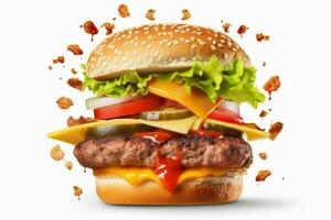 realistisch Scheiben fliegend Burger isoliert auf Weiß b foto