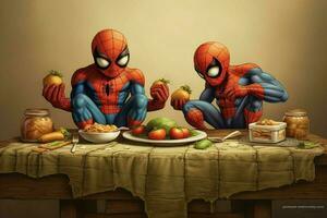 Spider Man mit Helden Freund Essen Lebensmittelkarikatur Stil foto