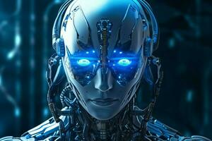 Stehen futuristisch Cyborg beleuchtet durch Blau mach foto