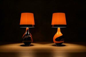 zwei Orange und schwarz Lampen mit das Wort foto