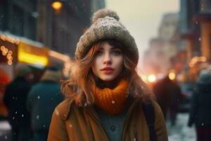 Frau warm Winter Kleider im Stadt foto