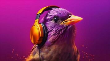 ein Vogel mit Kopfhörer und ein lila Hintergrund foto