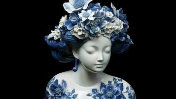ein Blau und Weiß Porzellan Statue von ein Mädchen mit foto