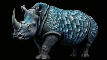 ein Blau Nashorn mit ein schwarz Hintergrund foto