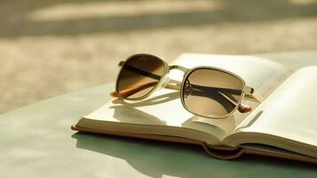 ein Buch mit ein Paar von Sonnenbrille auf es sitzt auf ein foto
