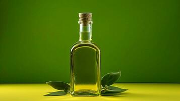 ein Flasche von Olive Öl mit ein Grün Hintergrund foto